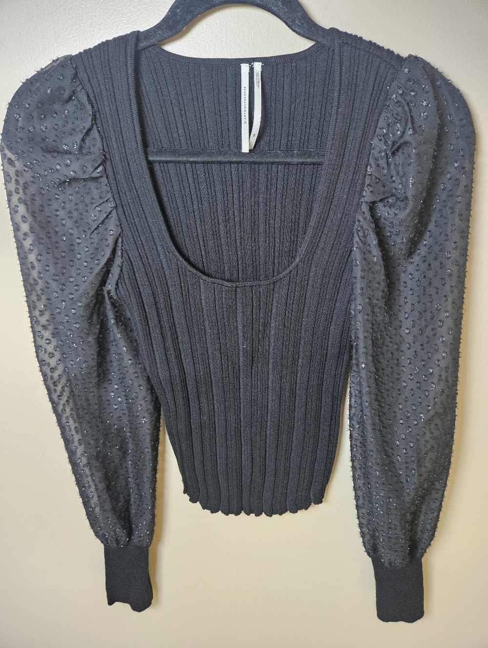 Anthropologie Black Puff Sleeve Shimmer Clip Dot Scoop Neck Sweater Blouse XS